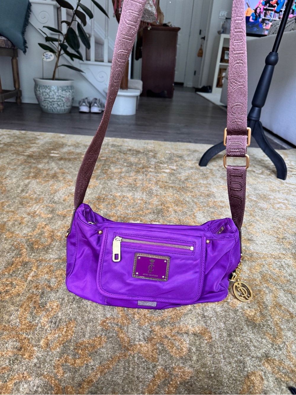 Juicy Couture Y2K Purple Crossbody Shoulder Bag with Brown Strap